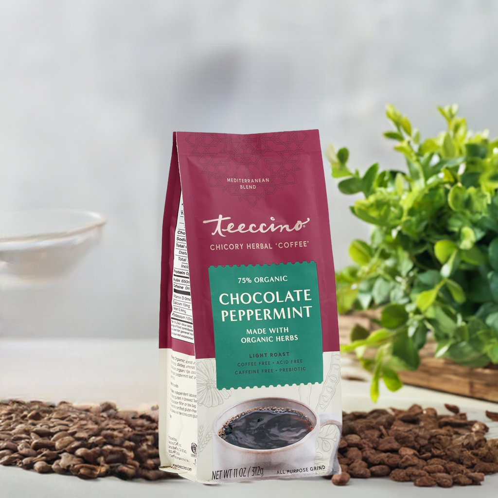 Standing prebiotic chicory herbal coffee pouch, light roast chocolate peppermint label