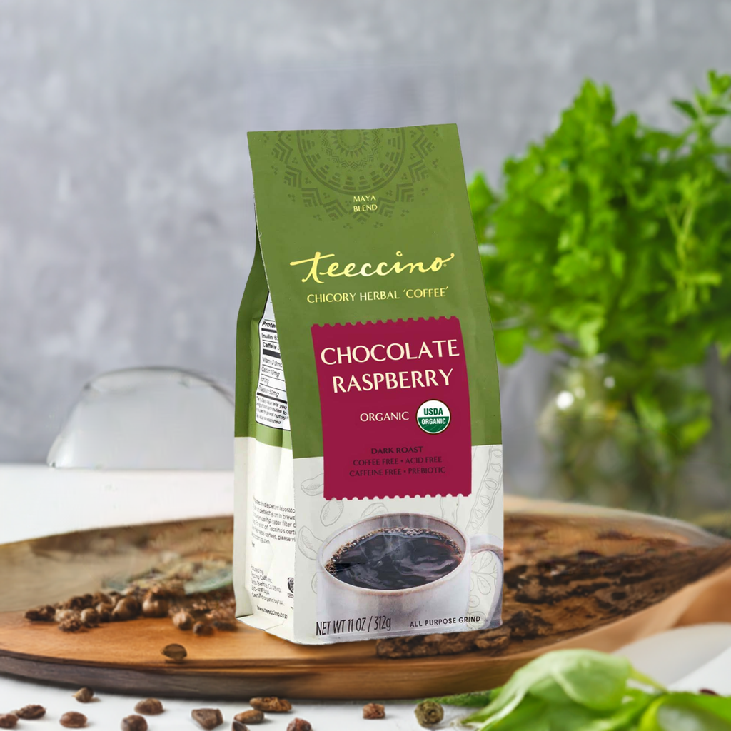 Maya herbal coffee pouch on tabletop, green top with chocolate raspberry magenta label