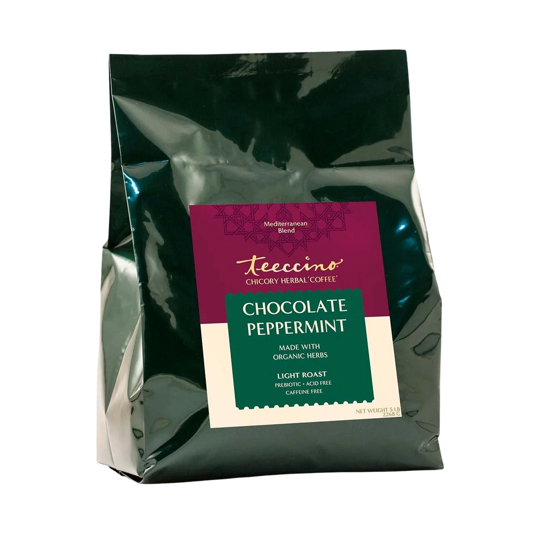 Dark green prebiotic herbal coffee pouch with chocolate peppermint label