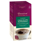 Roasted herbal tea box with cup of brewed tea, “Chocolate Peppermint” label visible.