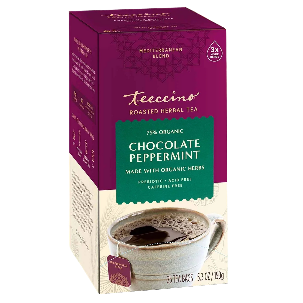 Roasted herbal tea box with cup of brewed tea, “Chocolate Peppermint” label visible.