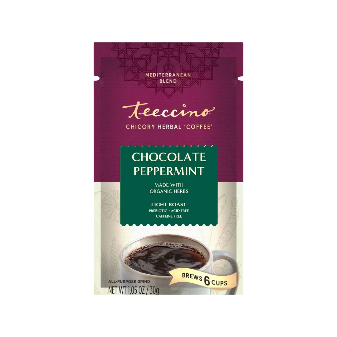 Front prebiotic chicory herbal coffee pouch with chocolate peppermint light roast label