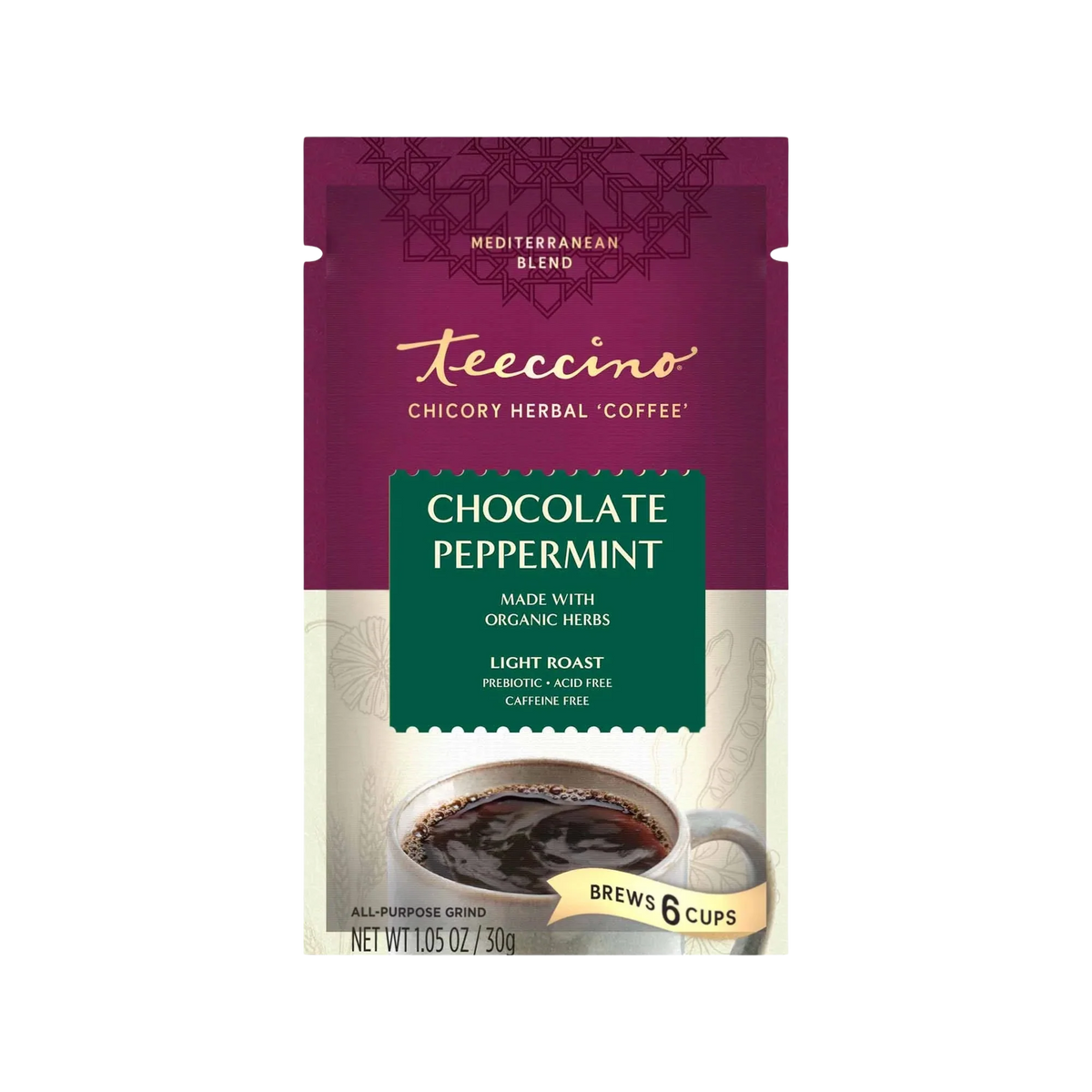 Front prebiotic chicory herbal coffee pouch with chocolate peppermint light roast label