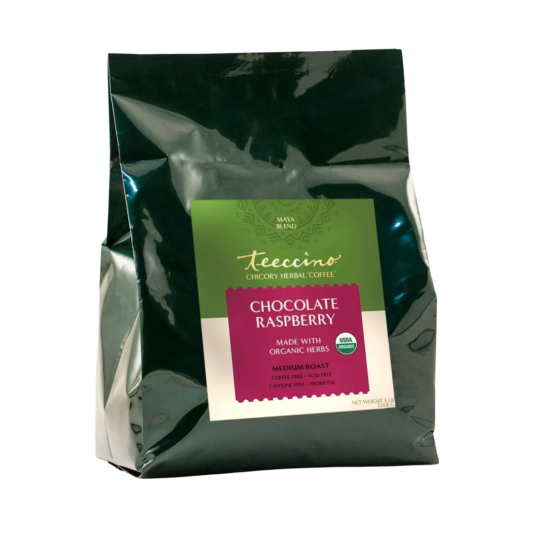 Maya herbal coffee pouch, dark green back with clear window-style plastic wrap