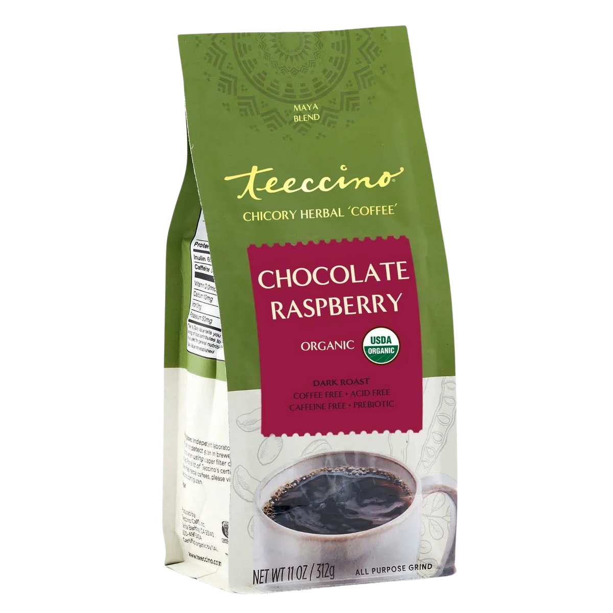 Maya herbal coffee pouch in green with chocolate raspberry magenta front label
