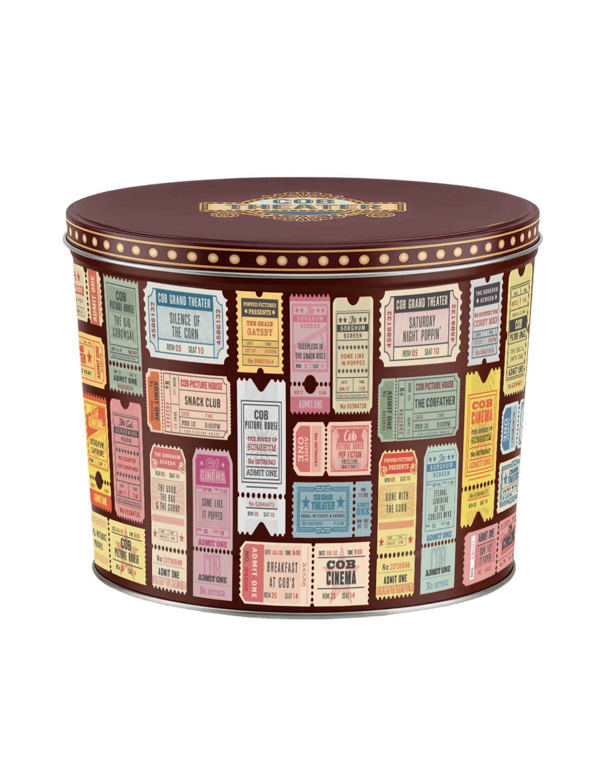 Round decorative metal theater tin with colorful ticket pattern and lidded top