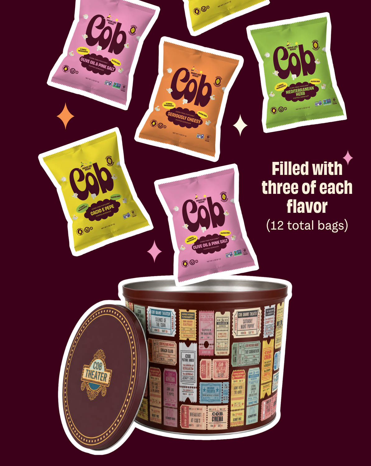 The Cob theater tin with 12 assorted snack bags (three of each flavor) around the lid