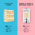 TRUBAR birthday cake protein bar and slice comparison graphic with calorie callouts