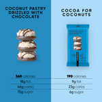 Coconut pastry and TruBar cocoa for coconuts bar comparison graphic with nutrition stats