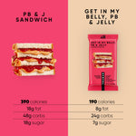 TruBar PB & J sandwich bar comparison card with calories and macros, pink and beige