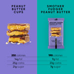 Protein bar comparison graphic with peanut butter cups and single bar pouch, purple/teal