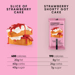 Strawberry Shorty Got Cake protein bar front panel with nutrition comparison text and icons