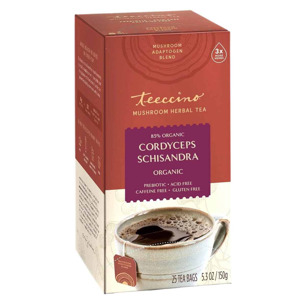 Teecino cordyceps schisandra mushroom herbal tea box with cup
