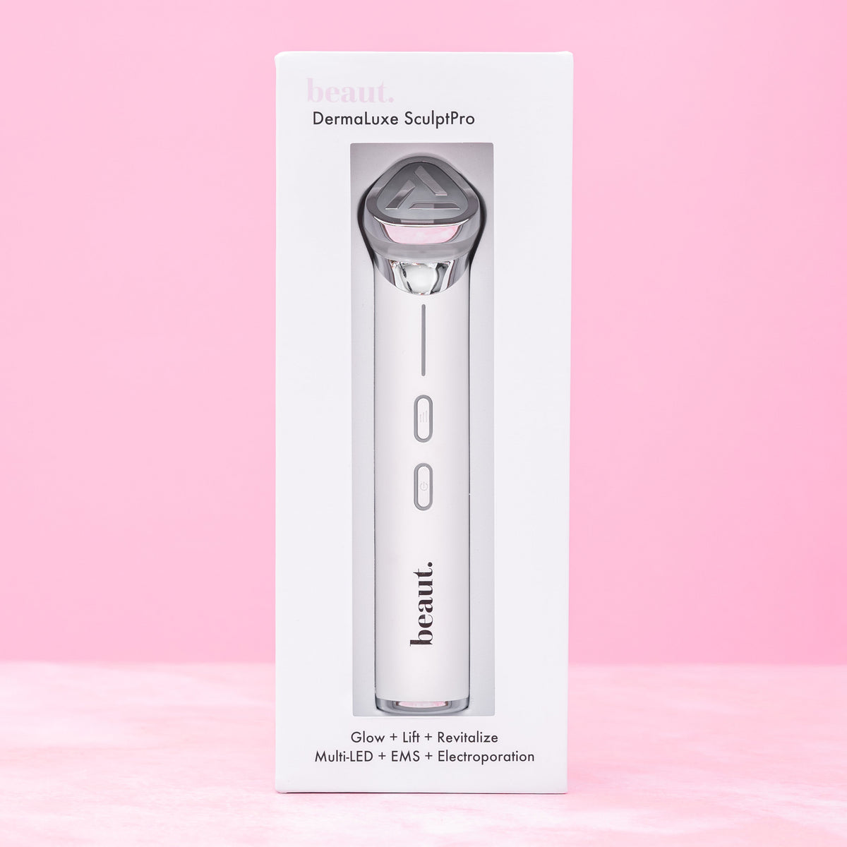 Facial sculpting device retail box with product photo and front branding