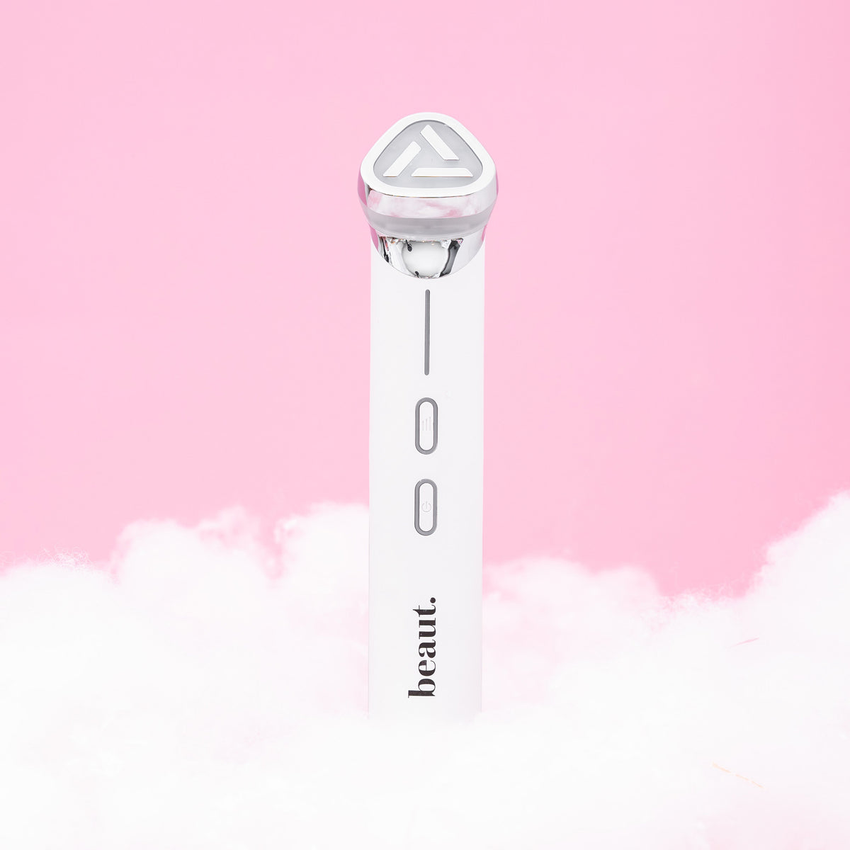 Facial sculpting device with silver circular head and pink light ring; white body with icons