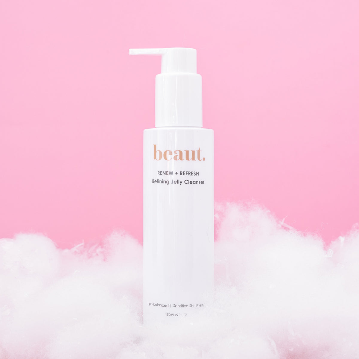 beaut. Jelly Refining Cleanser pump bottle, white plastic with foaming gel