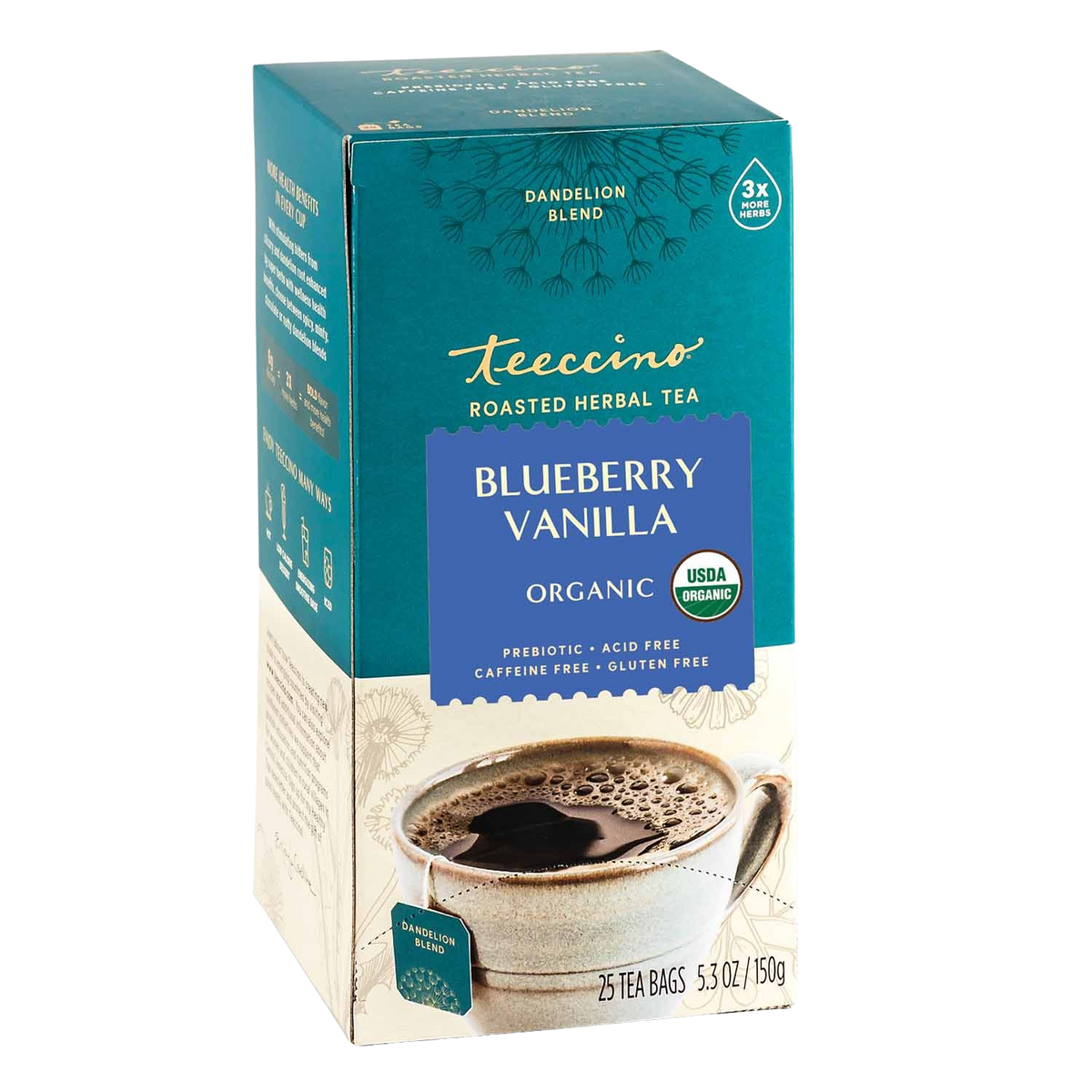 Roasted dandelion herbal tea box, blueberry vanilla flavor, organic, 25 tea bags