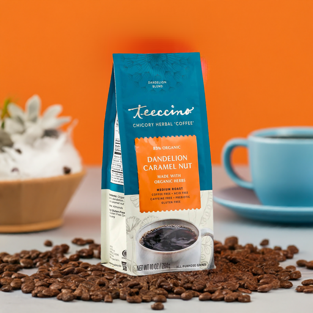 Dandelion caramel nut herbal coffee bag standing, teal pouch with orange flavor label