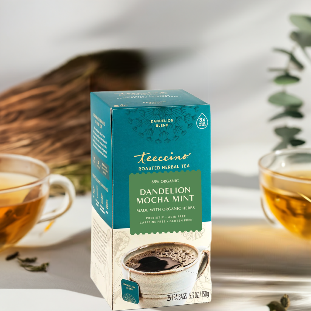 Teecino roasted herbal tea box, dandelion mocha mint, prebiotic, 25 tea bags