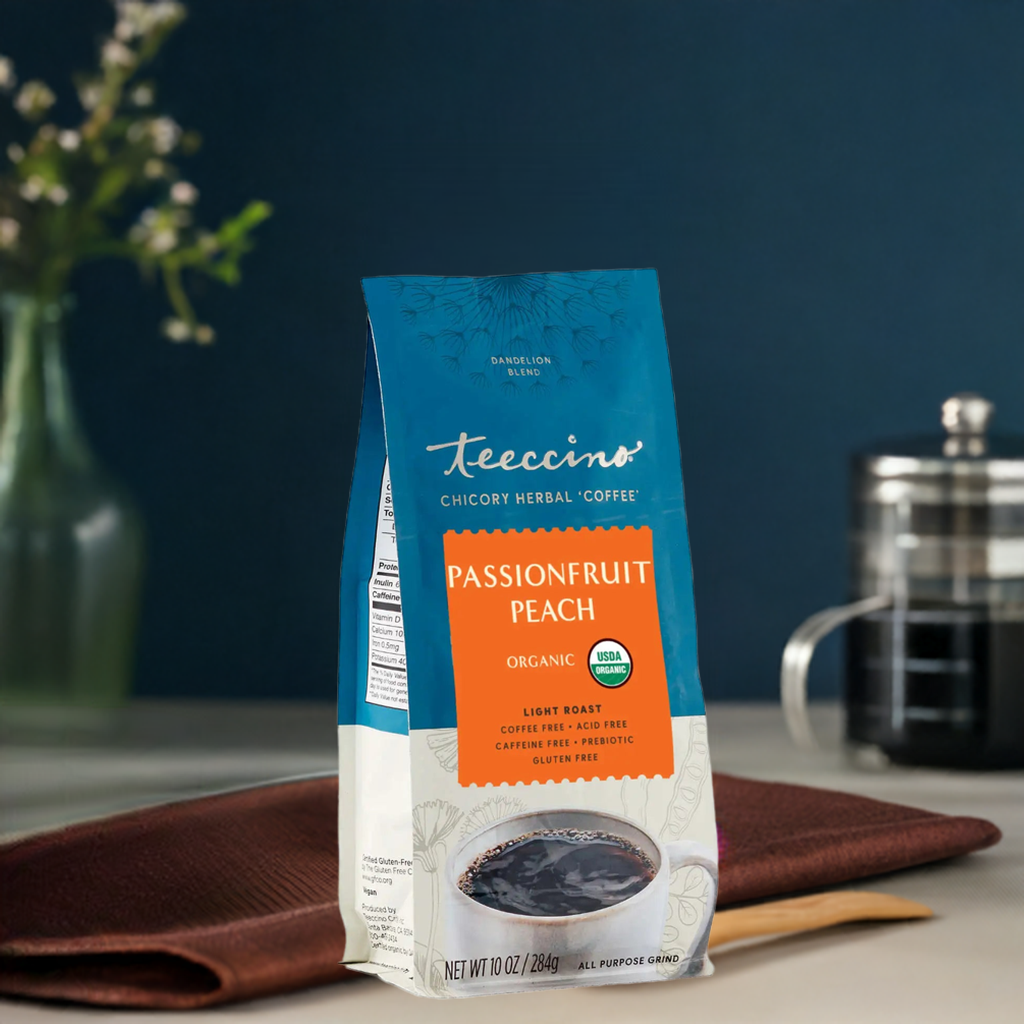 Teecino Passionfruit Peach herbal coffee blend pouch with orange label, 10 oz, all-purpose grind.
