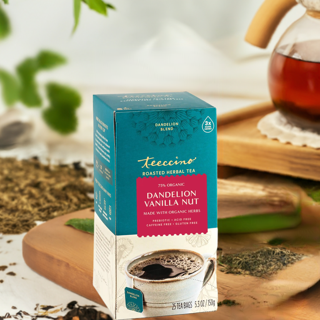Teecino roasted herbal tea box, dandelion vanilla nut blend, caffeine-free, gluten-free