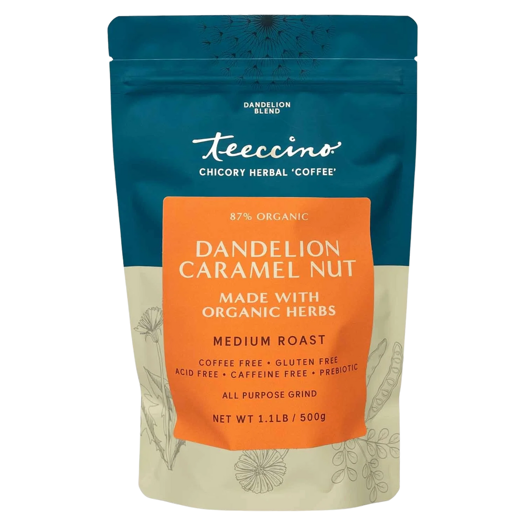 Dandelion caramel nut herbal coffee bag, front view with orange label and medium roast