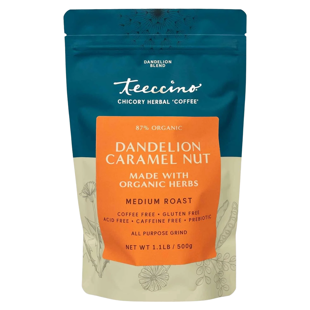 Dandelion caramel nut herbal coffee bag, front view with orange label and medium roast