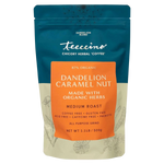 Dandelion caramel nut herbal coffee bag, front view with orange label and medium roast