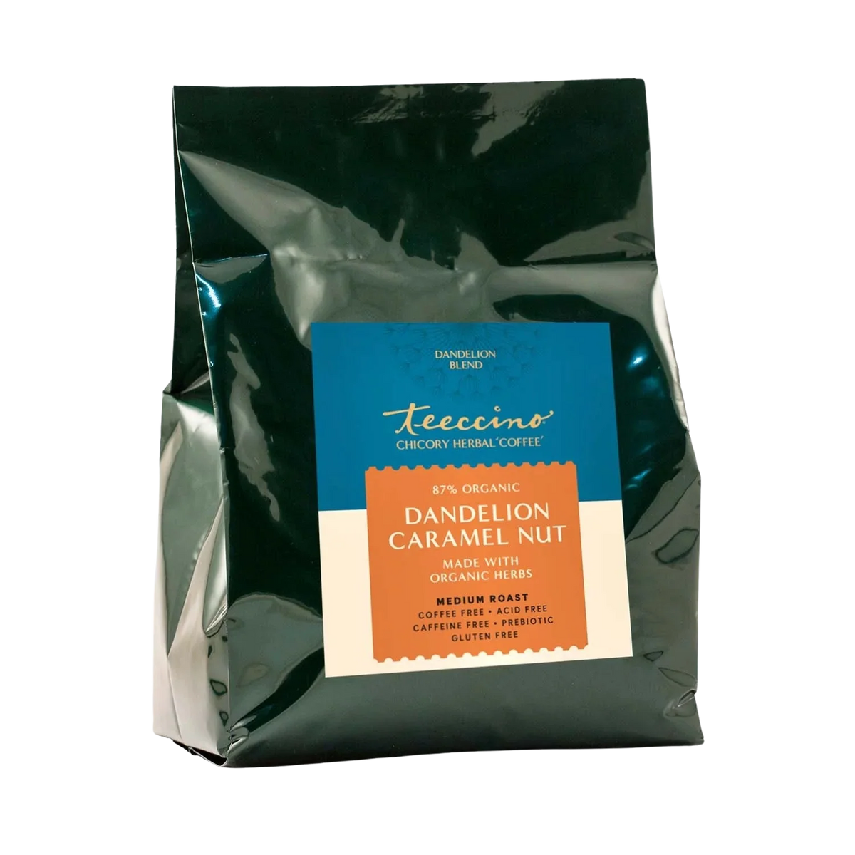 Dandelion caramel nut herbal coffee bag in clear foil, teal pouch and orange label
