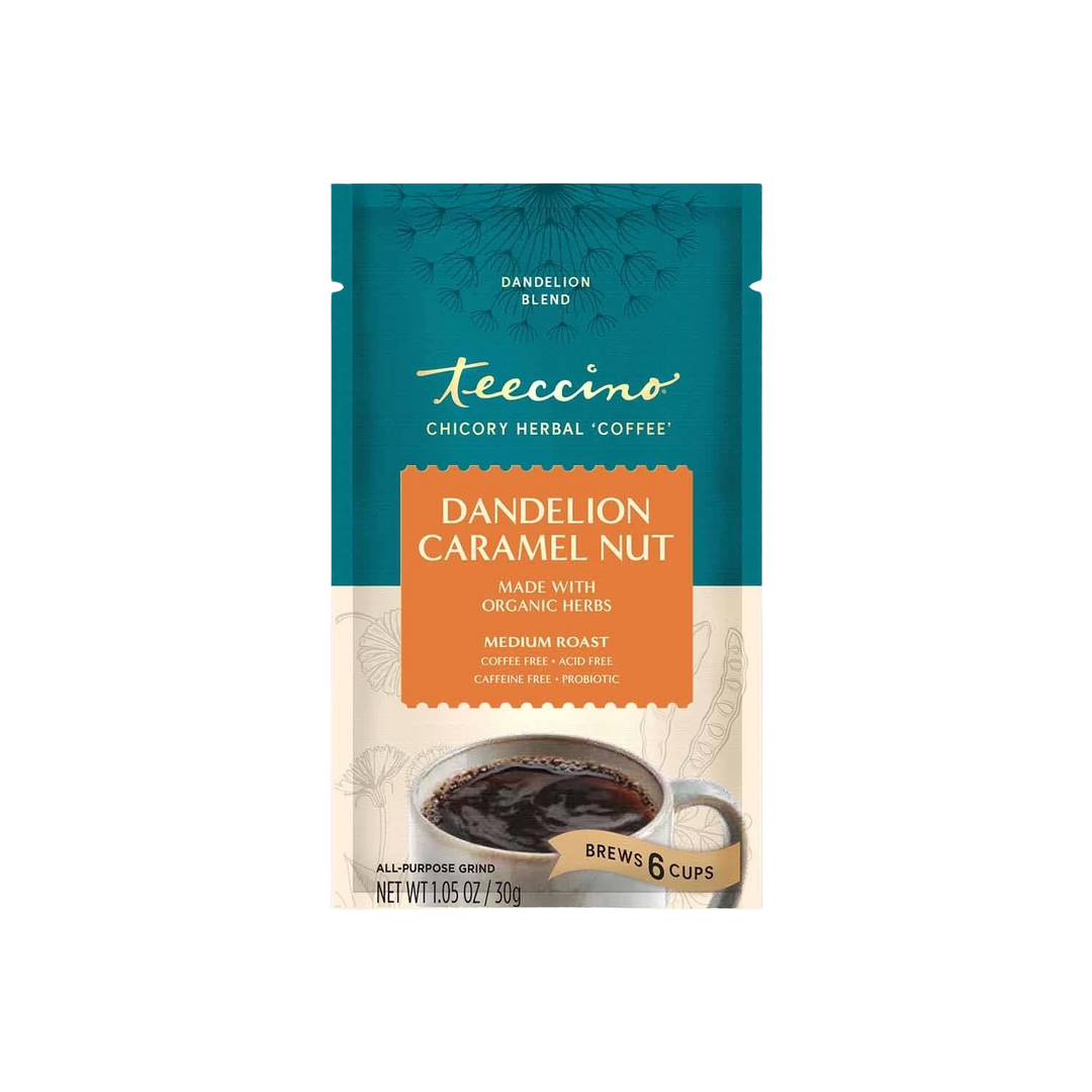 Dandelion caramel nut herbal coffee bag, teal pouch with orange label and brews 6 cups
