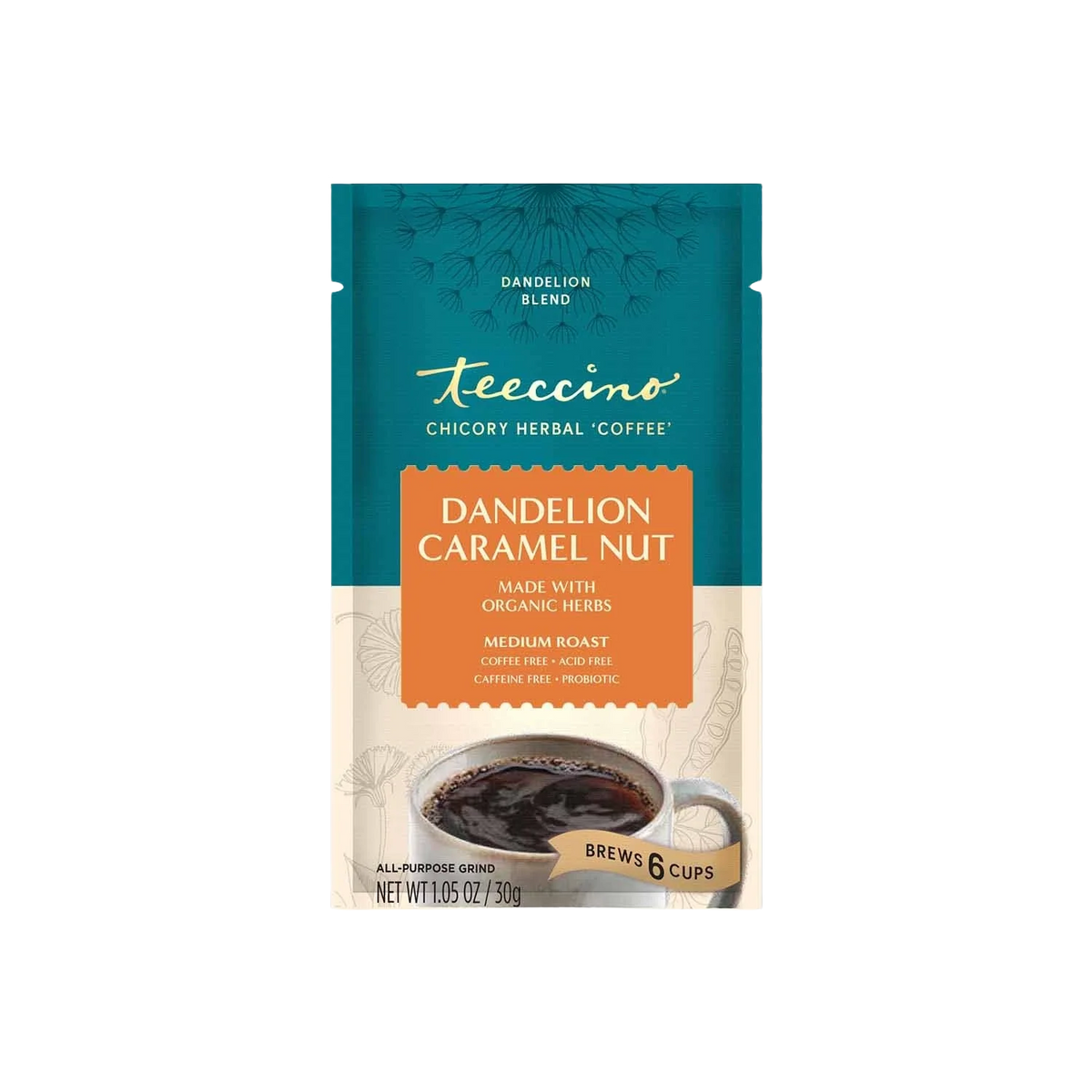 Dandelion caramel nut herbal coffee bag, teal pouch with orange label and brews 6 cups