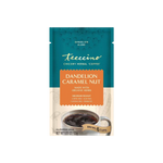 Dandelion caramel nut herbal coffee bag, teal pouch with orange label and brews 6 cups