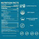 Nutrition facts panel for Teecino roasted dandelion herbal tea: 10 calories per serving