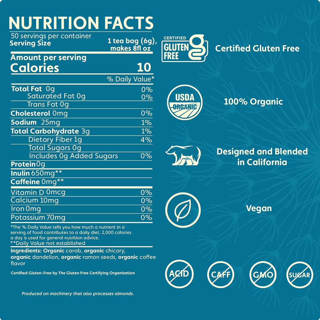 Teecino dandelion dark roast roasted herbal tea nutrition facts panel, 50 servings
