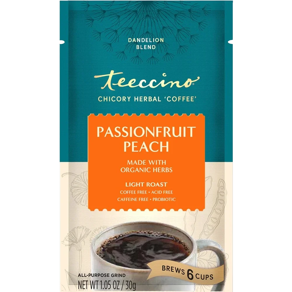 Teecino Passionfruit Peach herbal coffee blend pouch front, made with organic herbs, 10 oz.