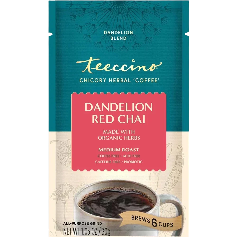 Dandelion herbal coffee bag, teal front with red blend label and cup serving graphic.
