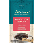 Dandelion herbal coffee bag, teal front with red blend label and cup serving graphic.