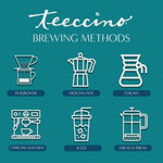 Roasted dandelion herbal tea brewing methods icons and logo