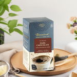 Dark chocolate prebiotic herbal tea box with cup brewing illustration; 25 tea bags