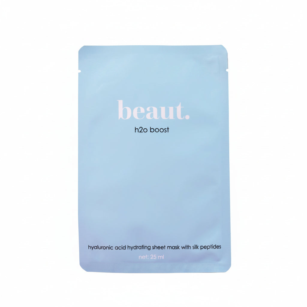 beaut. H2O Boost sheet face mask pouch, blue hydrating formula