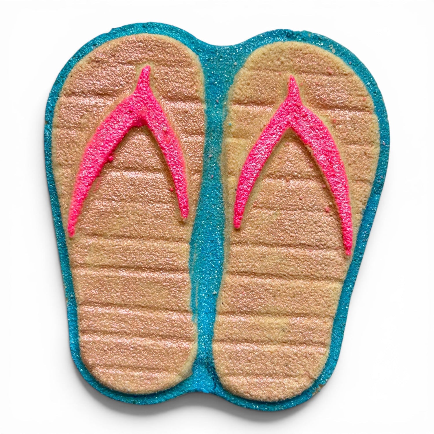 Flip-flop shaped bath bomb, turquoise edges, tan sole, pink thong