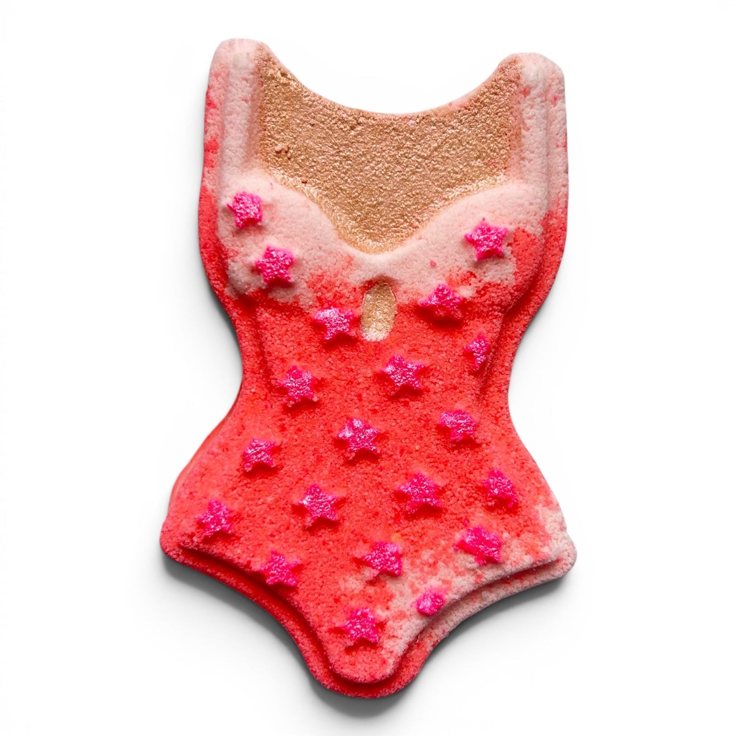 Swimsuit-shaped bath bomb, red with beige top and pink flower sprinkles