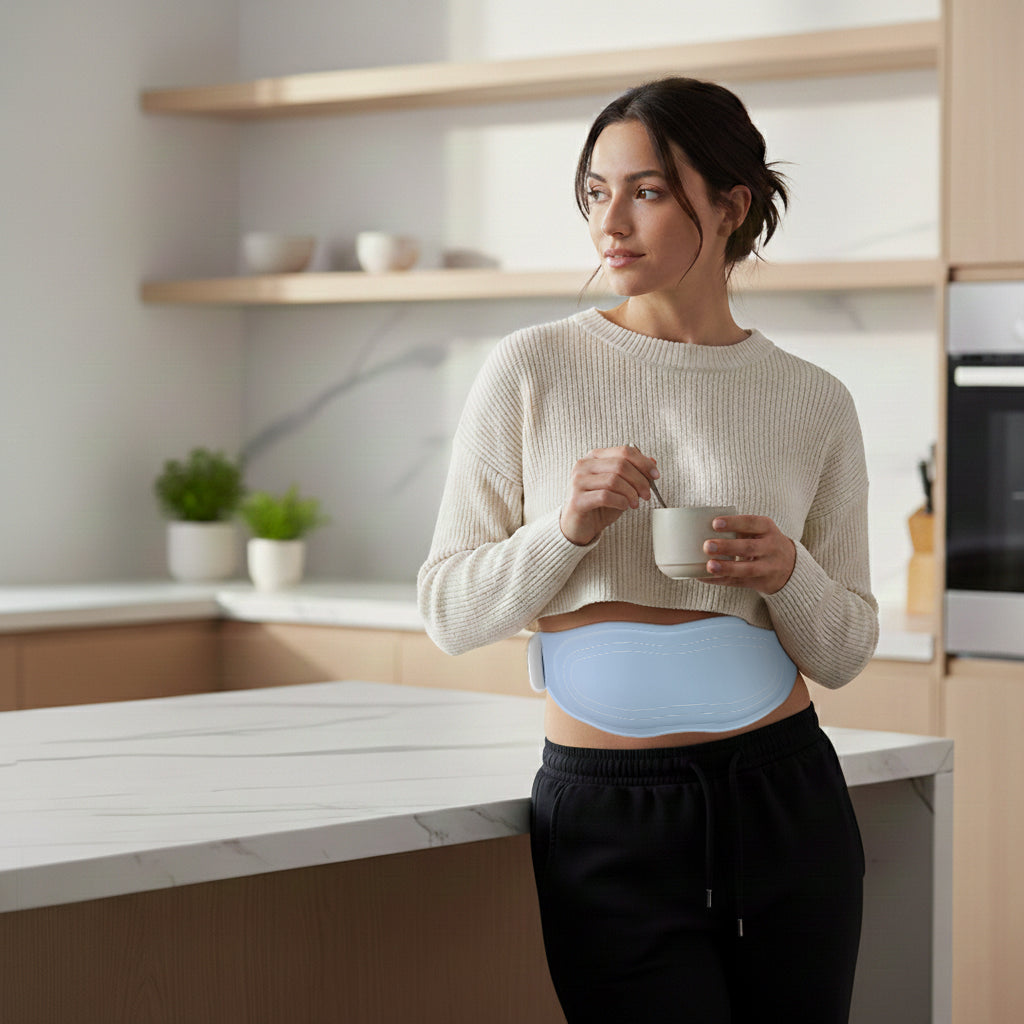 Light blue EMS waist belt worn on abdomen with round controller at front