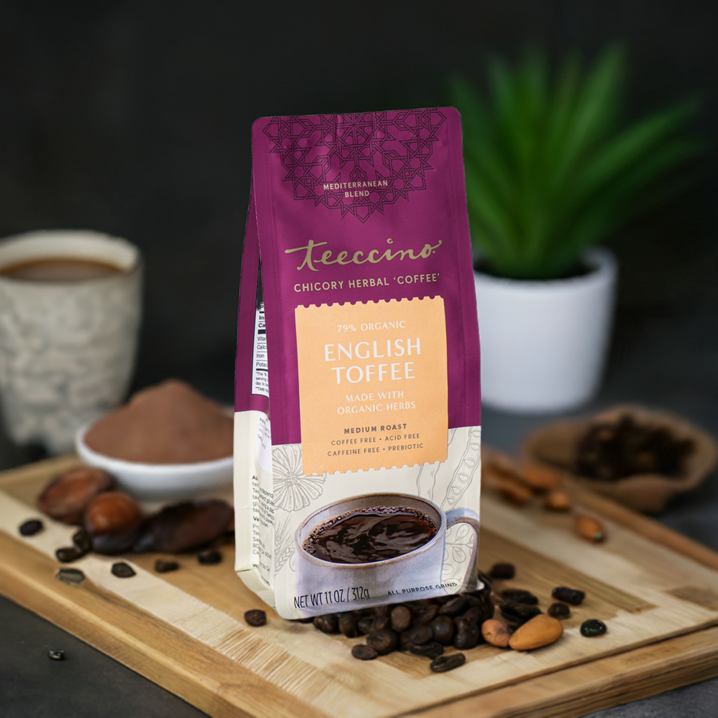 Prebiotic chicory herbal coffee pouch on a table with a cup of dark coffee