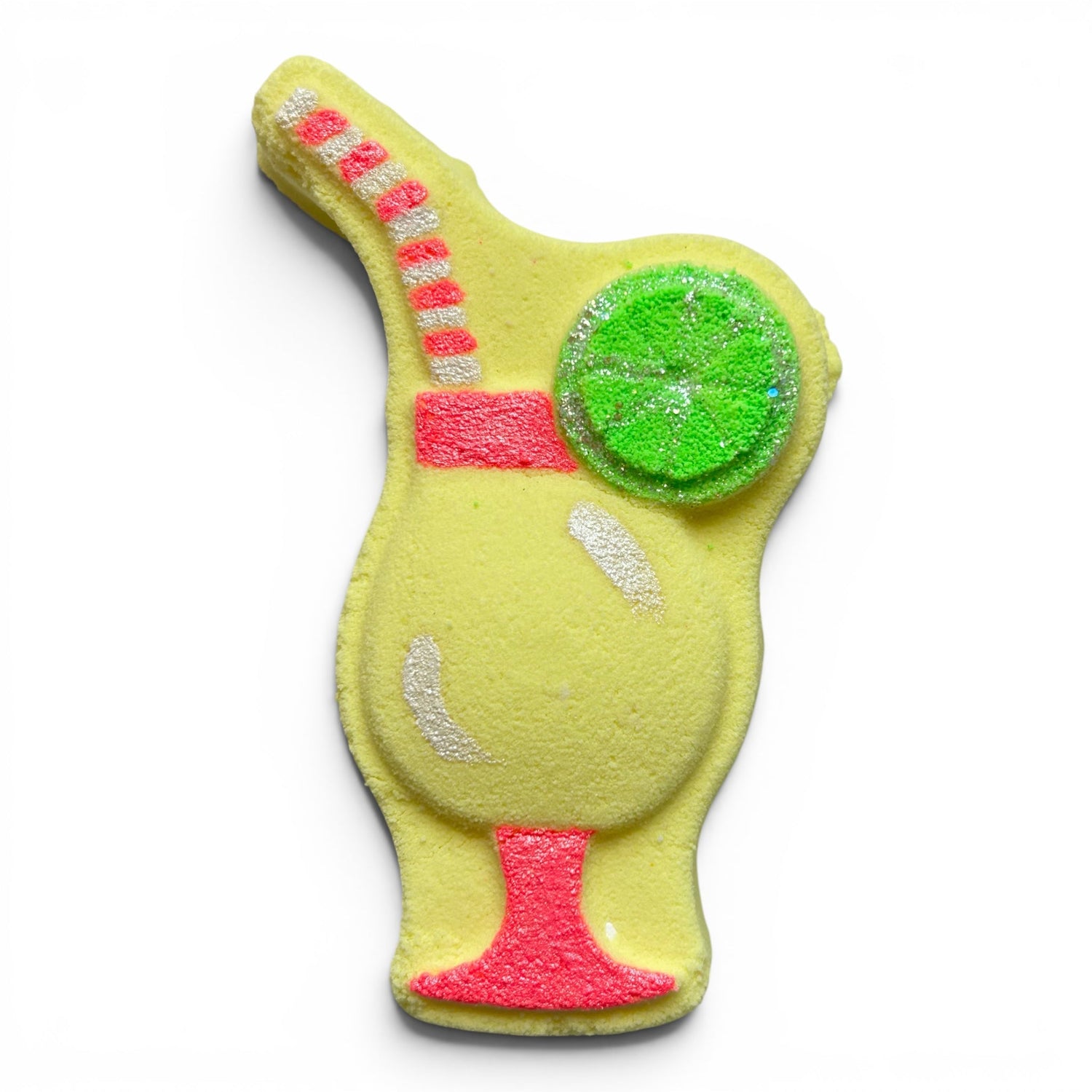 Yellow pineapple-shaped bath bomb with green center and red accents