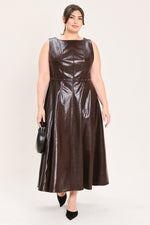 Dark brown faux leather midi dress full view, sleeveless with belted waist and flared skirt.