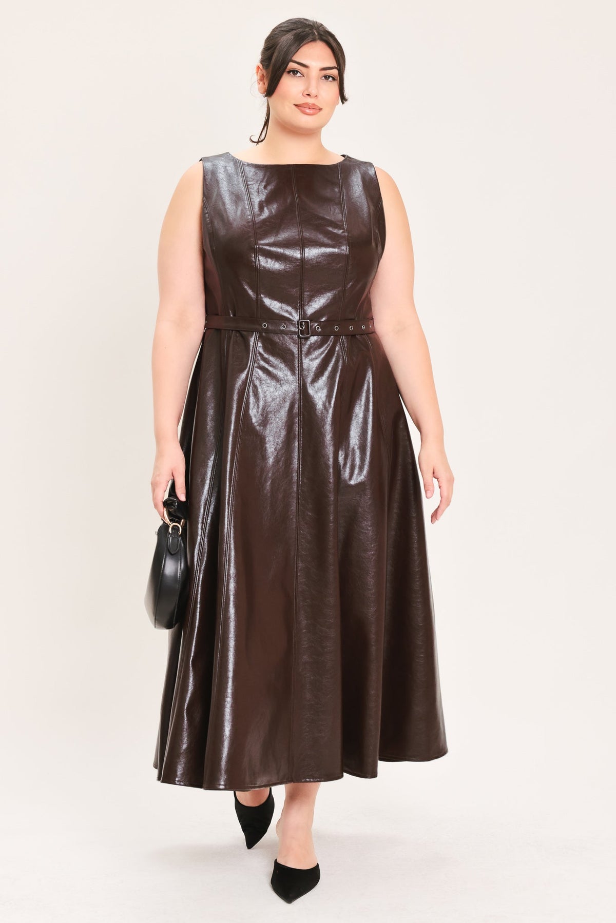 Dark brown faux leather midi dress full view, sleeveless with belted waist and flared skirt.