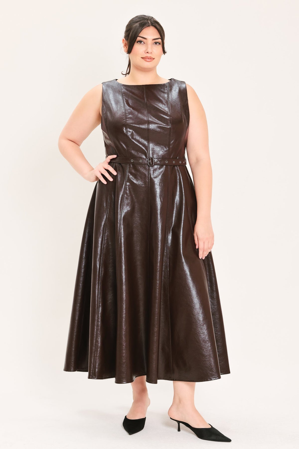 Dark brown faux leather midi dress, sleeveless with rounded neckline and waist seam