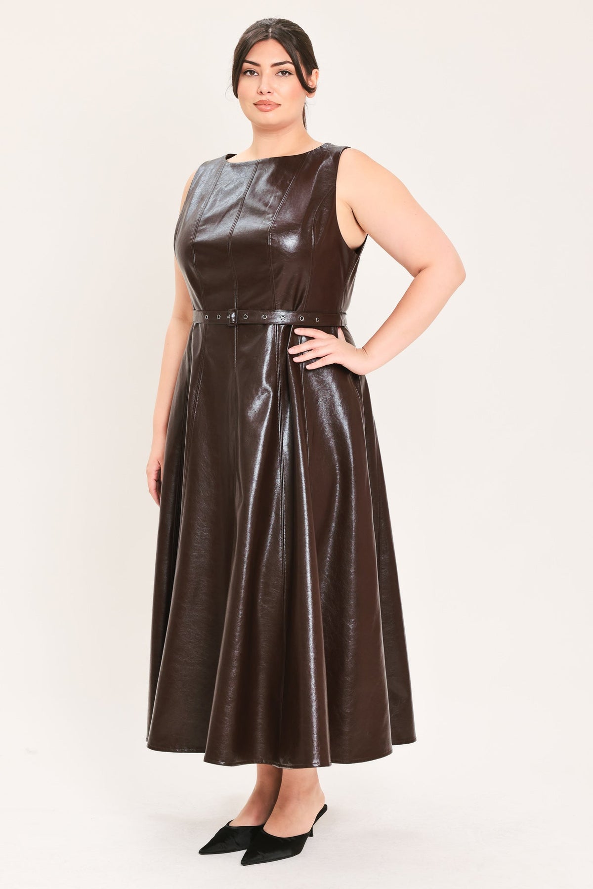 Dark brown faux leather midi dress, sleeveless fit-and-flare with waist seam