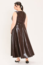 Dark brown faux leather midi dress, sleeveless A-line with center-back seam